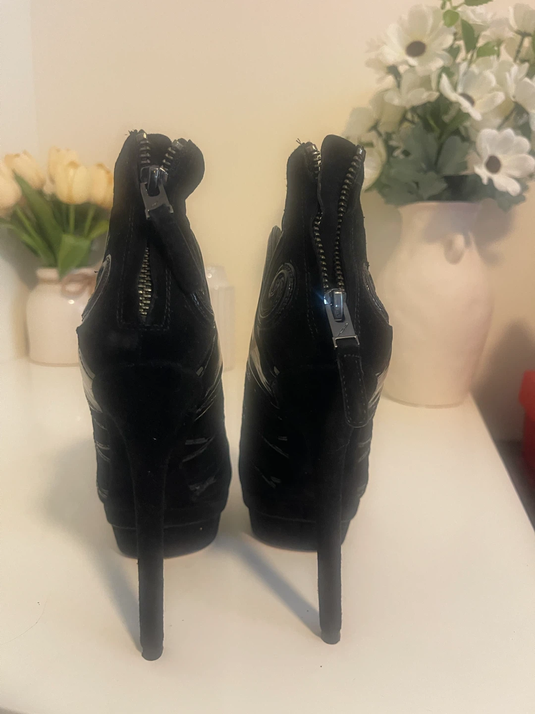 Brian Atwood Black Suede and Patent Leather Ankle Boots - photo 3