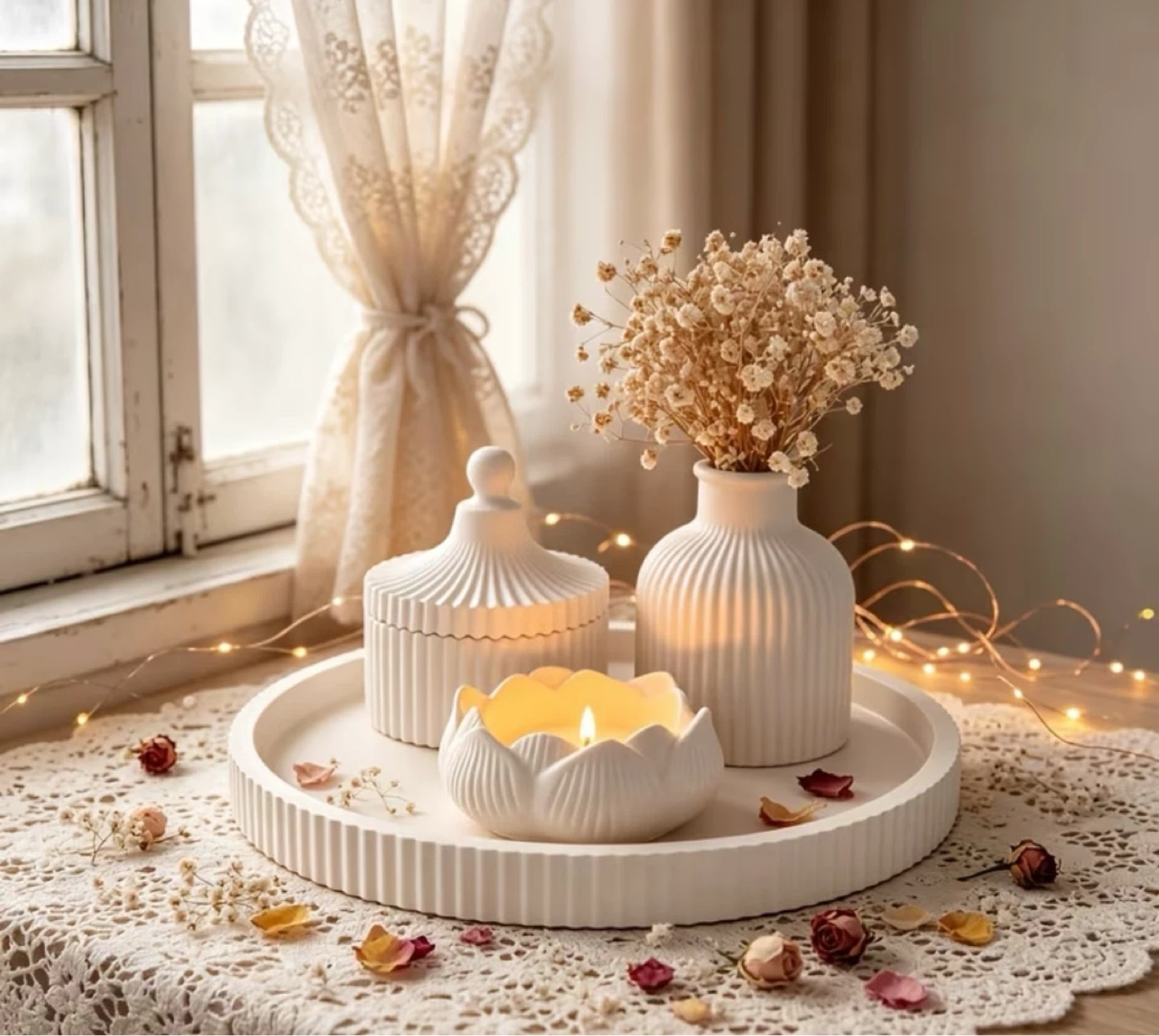 White Ceramic Lotus Flower Candle Holder & Vase Set
