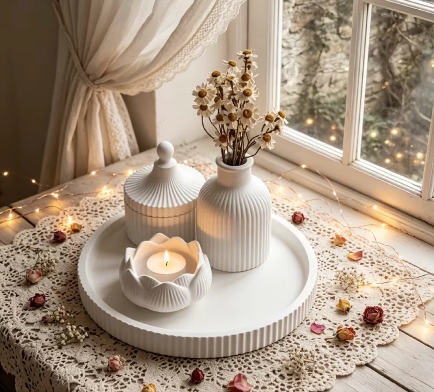 White Ceramic Lotus Flower Candle Holder & Vase Set - photo 2