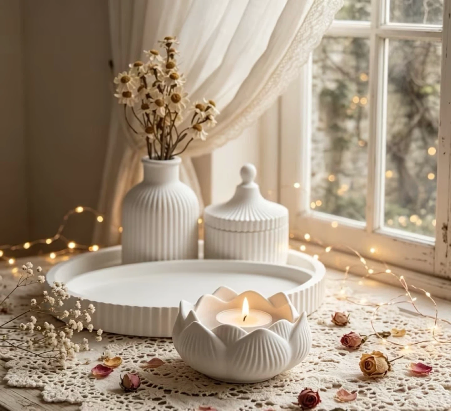 White Ceramic Lotus Flower Candle Holder & Vase Set - photo 3