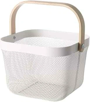 White Mesh Storage Basket with Wooden Handle - photo 3
