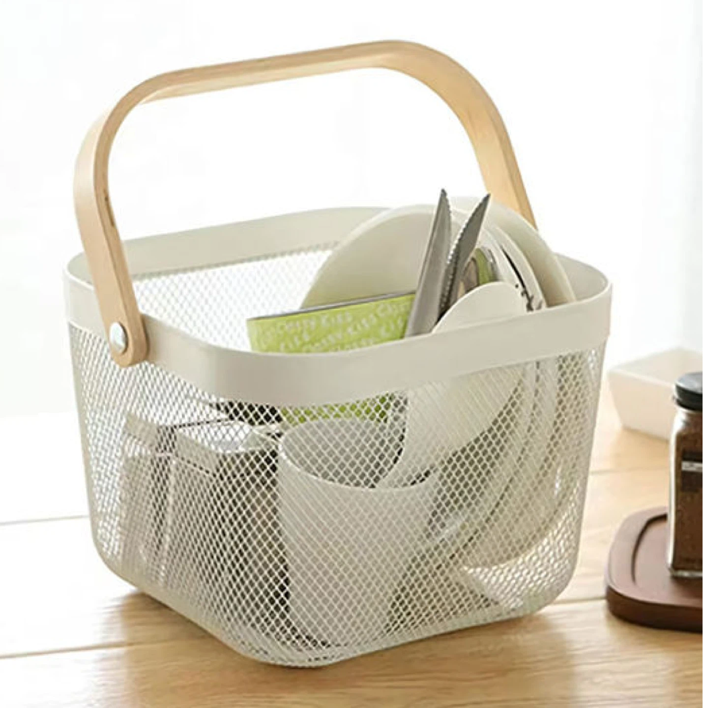 White Mesh Storage Basket with Wooden Handle