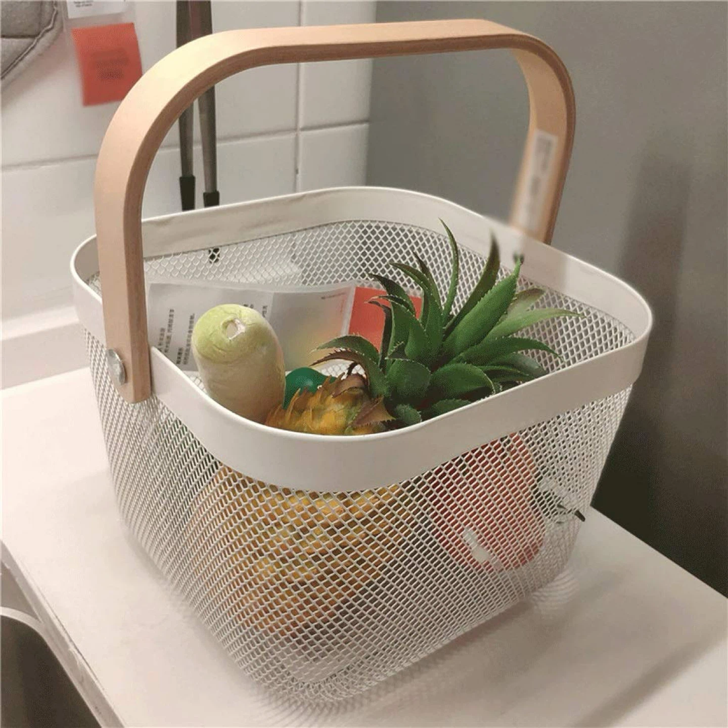 White Mesh Storage Basket with Wooden Handle - photo 2