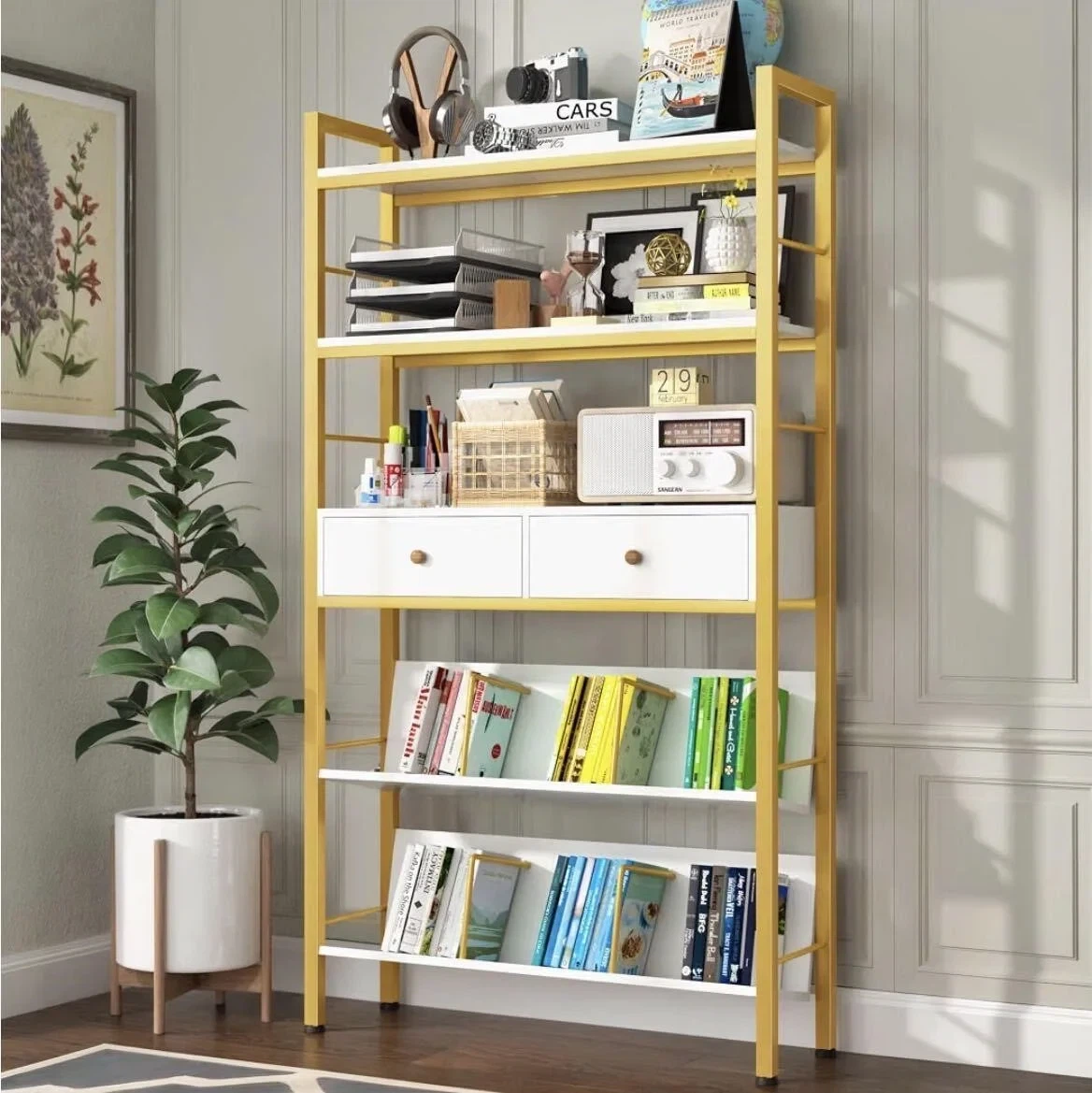 White and Gold Bookshelf with 2 Drawers