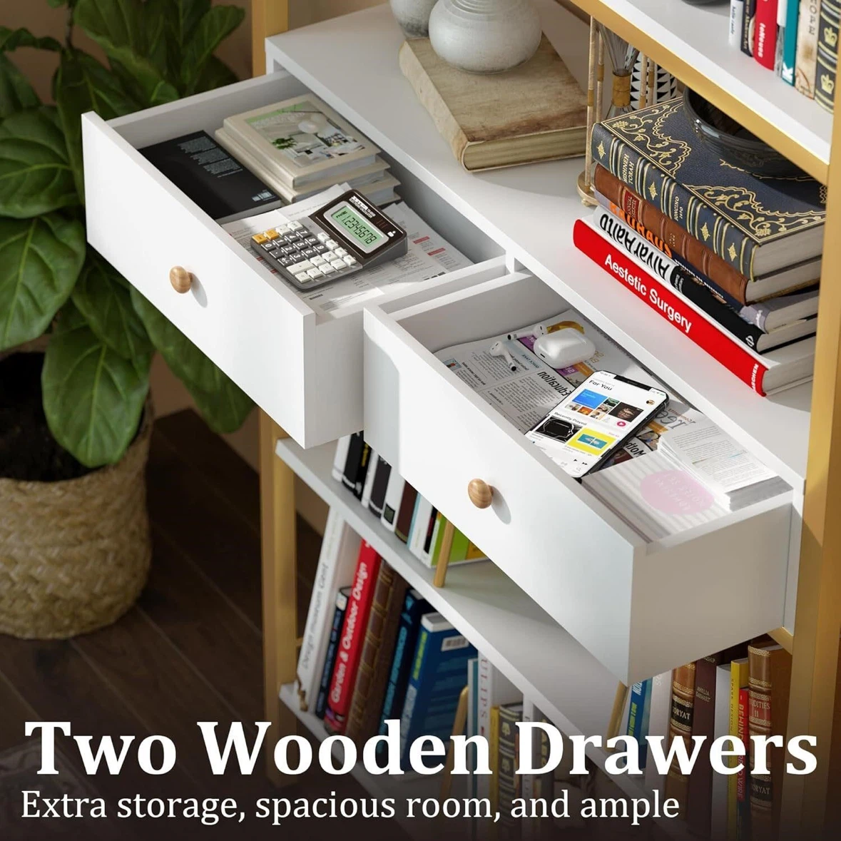 White and Gold Bookshelf with 2 Drawers - photo 2
