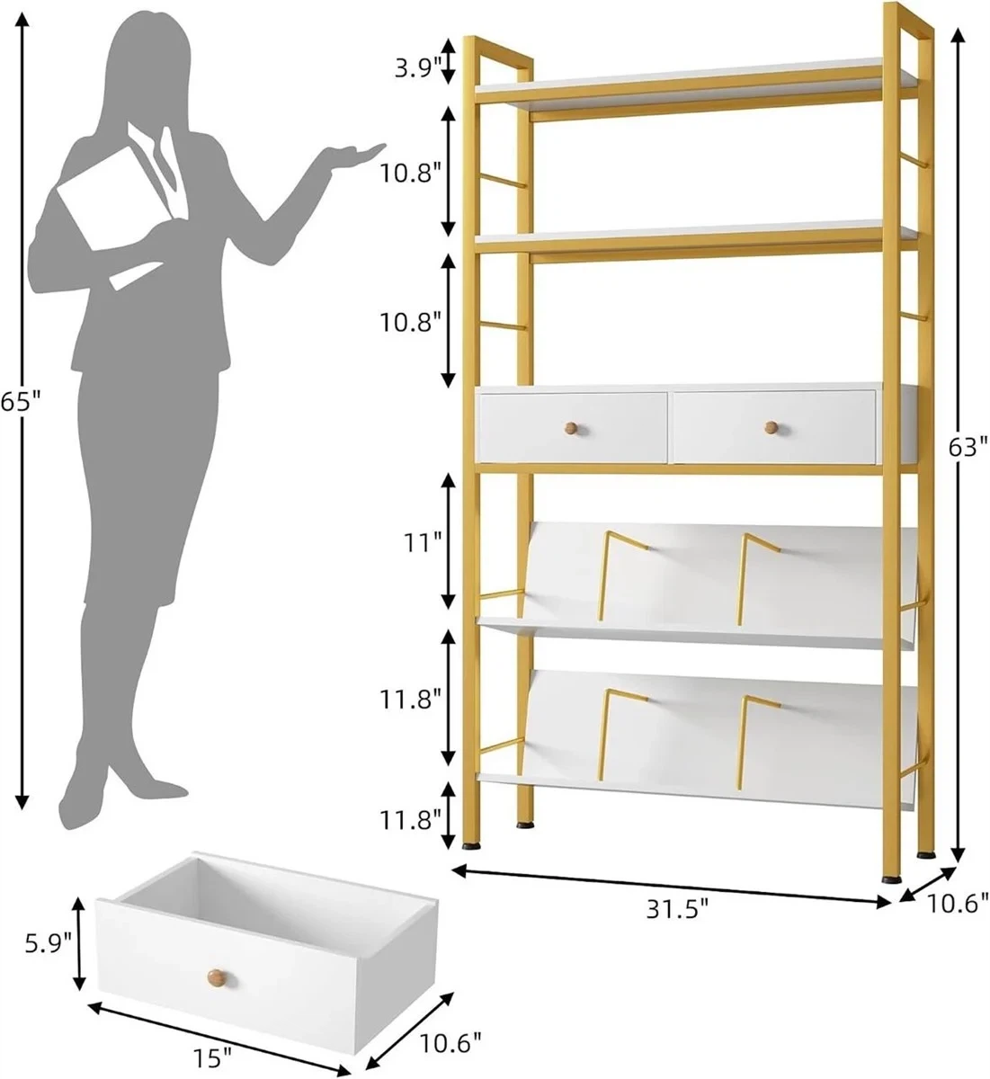 White and Gold Bookshelf with 2 Drawers - photo 4