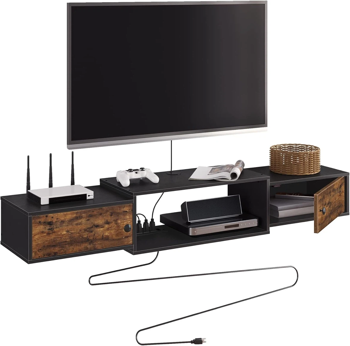 HOOBRO Floating TV Stand with Power Outlet - Rustic Brown/Black