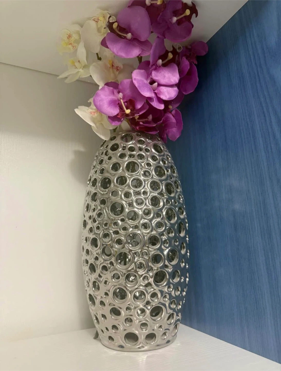 Silver Ceramic Vase with Cutout Design