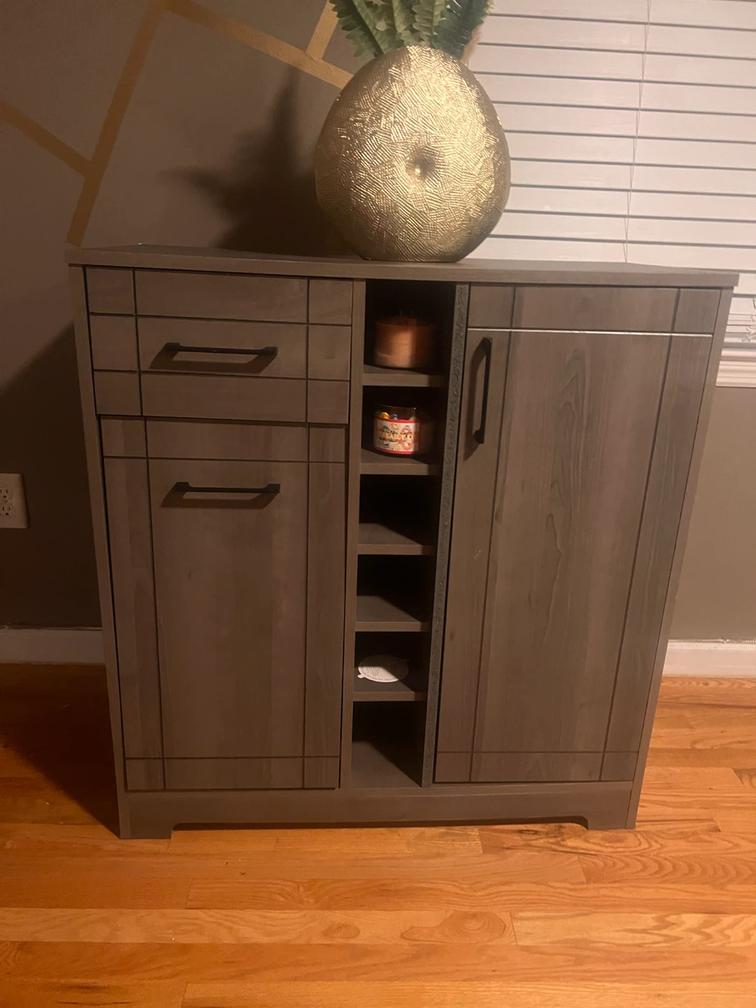 Gray Storage Cabinet with Shelves and Drawers