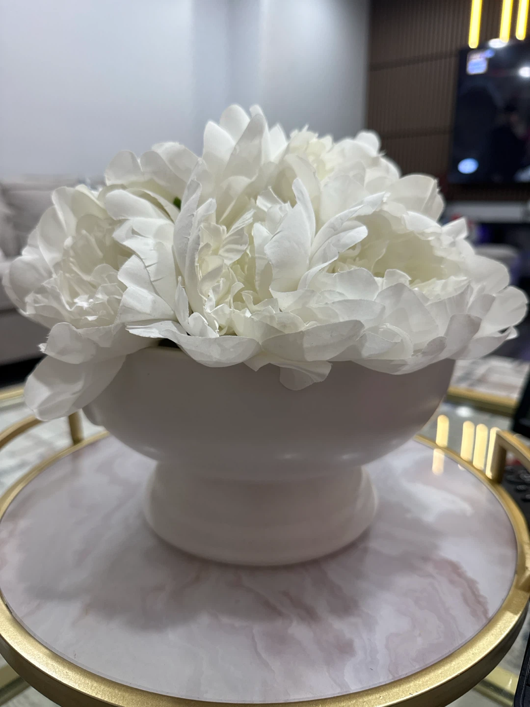White Peony Floral Arrangement in Ceramic Vase