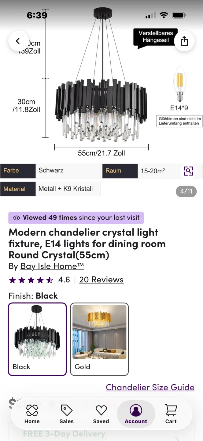 Modern Crystal Chandelier, Black, 55cm - photo 3