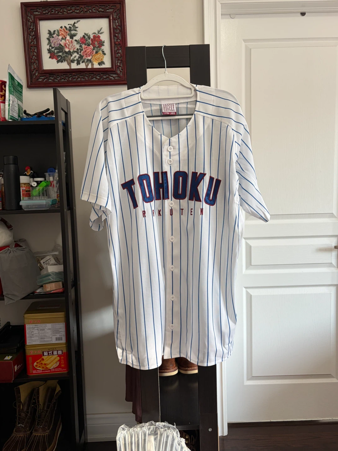 Tohoku Rakuten Golden Eagles Baseball Jersey White Blue Stripe