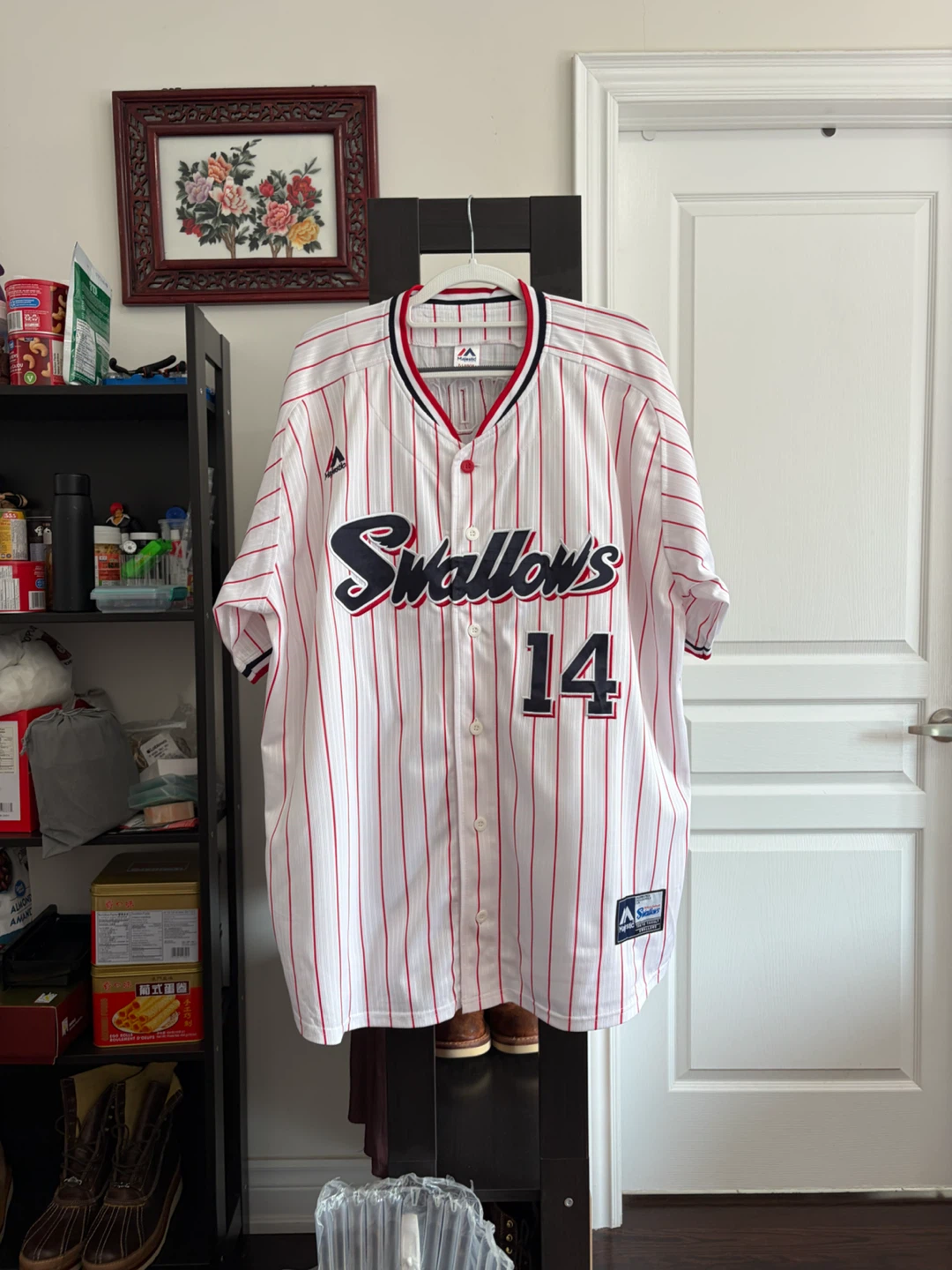 Tokyo Swallows #14 Men's Baseball Jersey - White Red Stripe