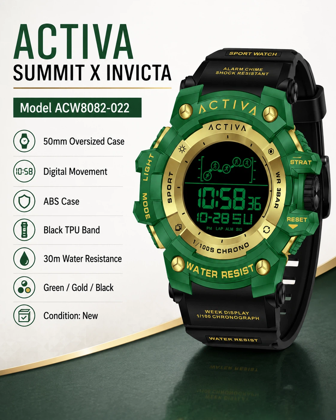 Activa X Invicta Summit 50mm Green Gold Digital Watch - photo 5