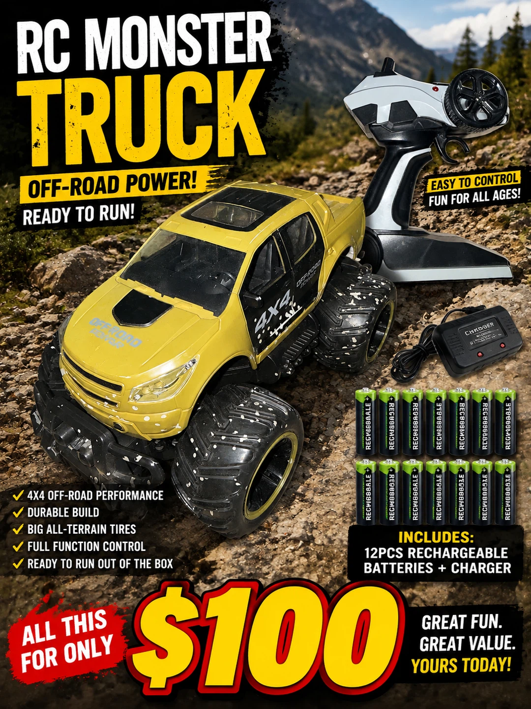 RC MONSTER TRUCK W/ 12 RECHARGEABLE BATTERIES
