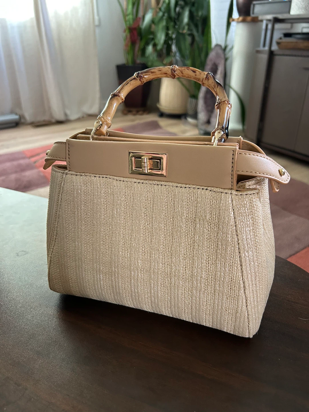 Tan Woven Handbag with Bamboo Handle