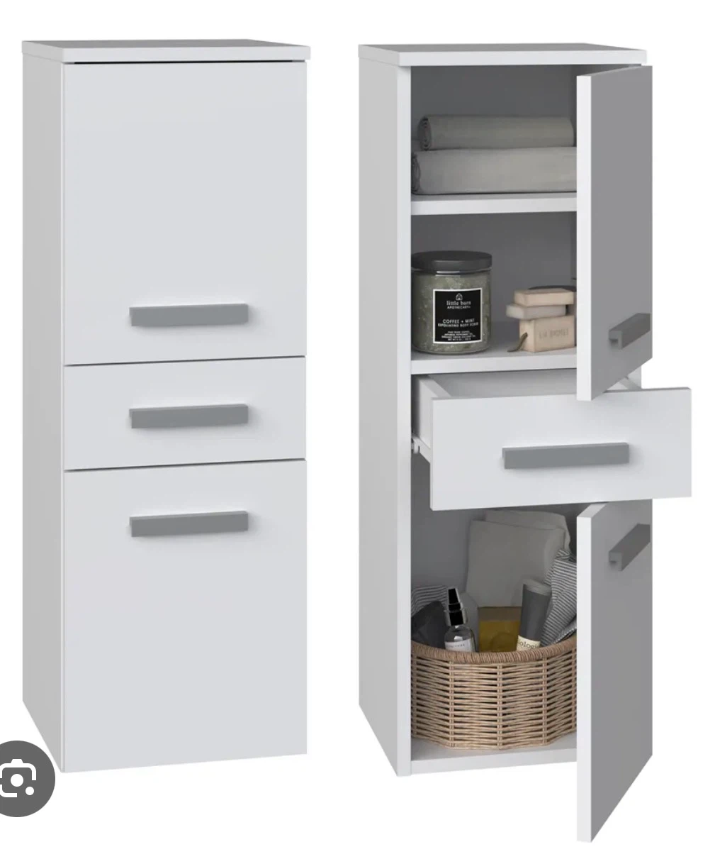 White Tall Storage Cabinet with Drawers and Doors