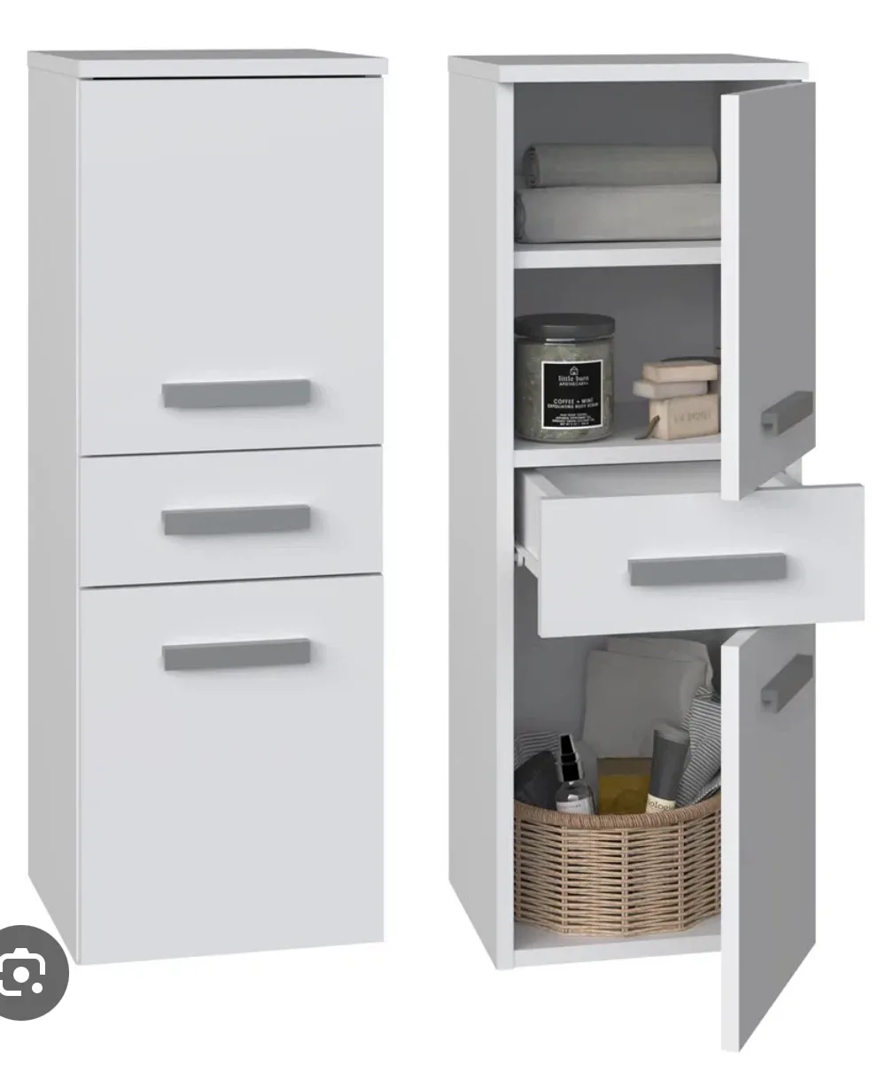 White Tall Storage Cabinet with Drawers and Doors