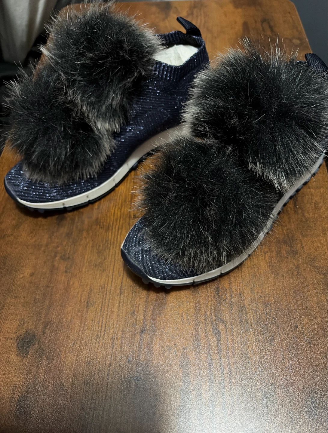 Jimmy Choo Navy Glitter Sneakers with Fur Pom Poms
