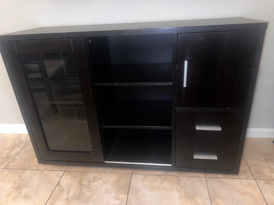 Dark Wood Bar Cabinet with Glass Door and Drawers - photo 2