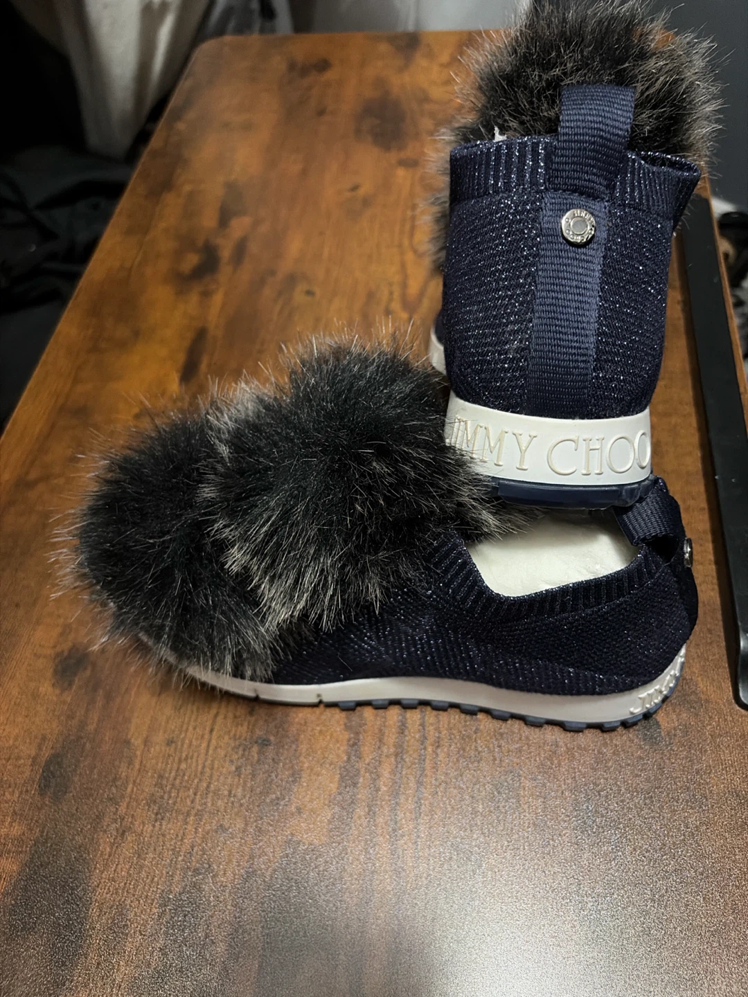 Jimmy Choo Navy Glitter Sneakers with Fur Pom Poms - photo 2