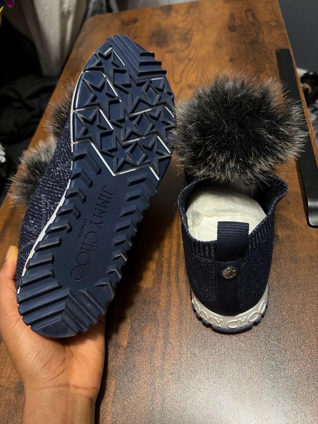 Jimmy Choo Navy Glitter Sneakers with Fur Pom Poms - photo 3
