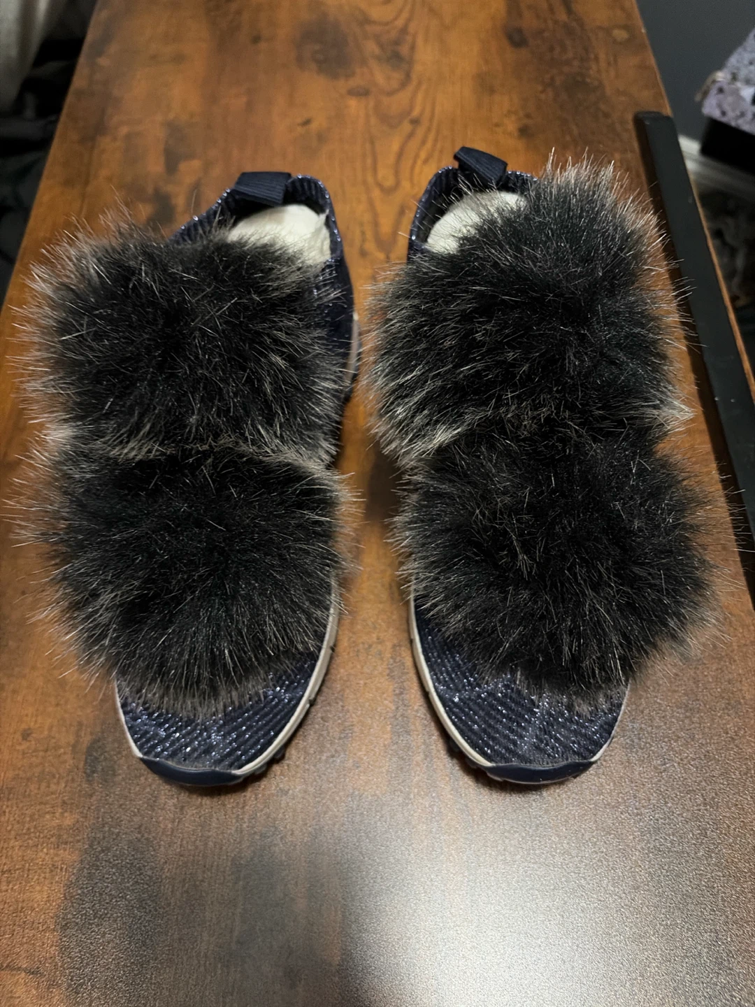 Jimmy Choo Navy Glitter Sneakers with Fur Pom Poms - photo 4