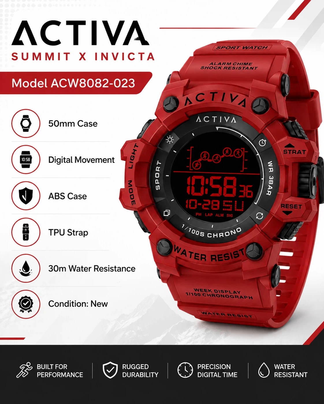 Activa X Invicta Summit 50mm Red Digital Sport Watch - photo 4