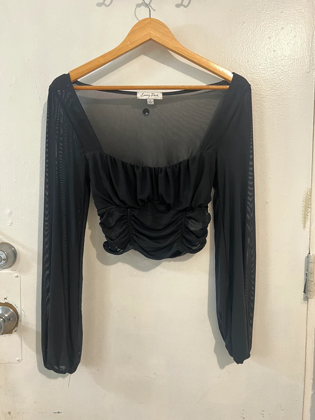 Emory Park Black Mesh Square Neck Ruched Top