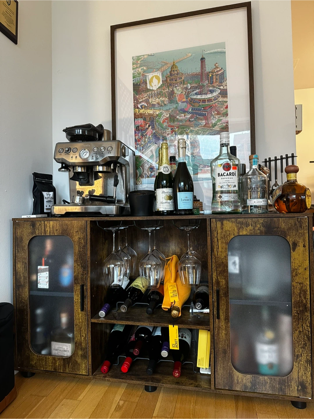Industrial Bar Cabinet with Wine Rack and Glass Holder