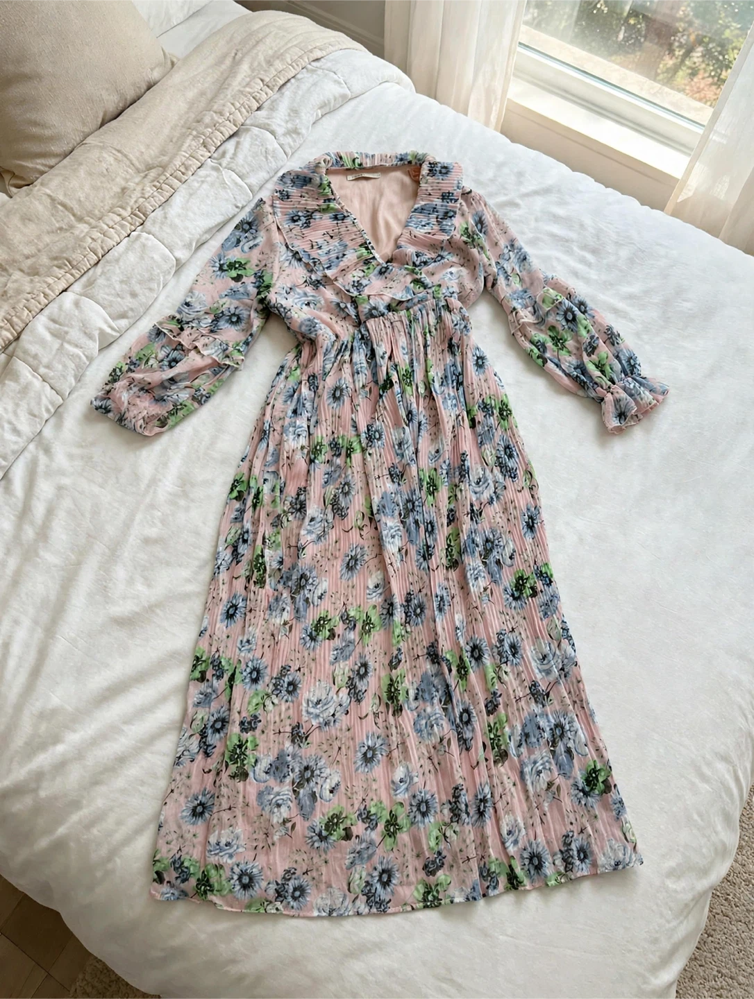 Pink Floral Pleated Maxi XL Size Dress