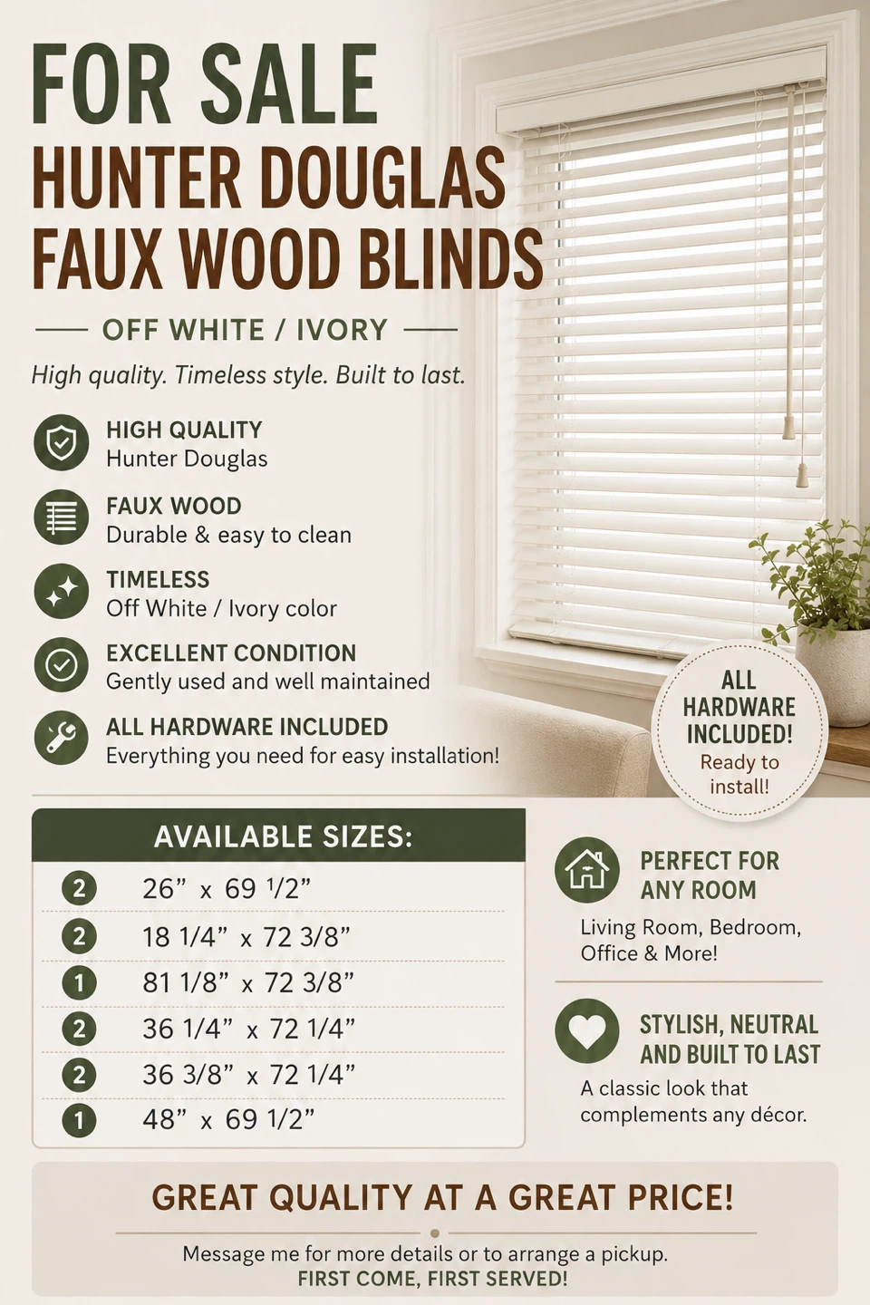 Hunter Douglas Faux Wood Blinds - Off White/Ivory