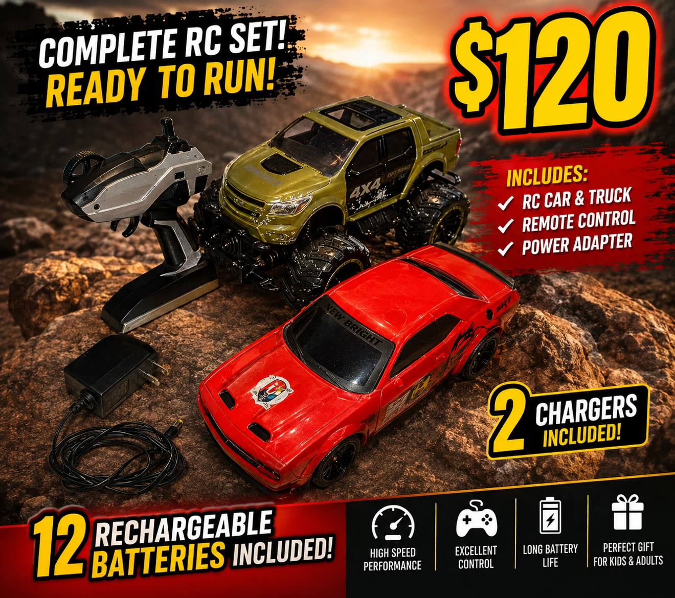 2 WORKING RC TRUCK AND CAR W/ 12 BATTERIES AND 2 CHARGERS