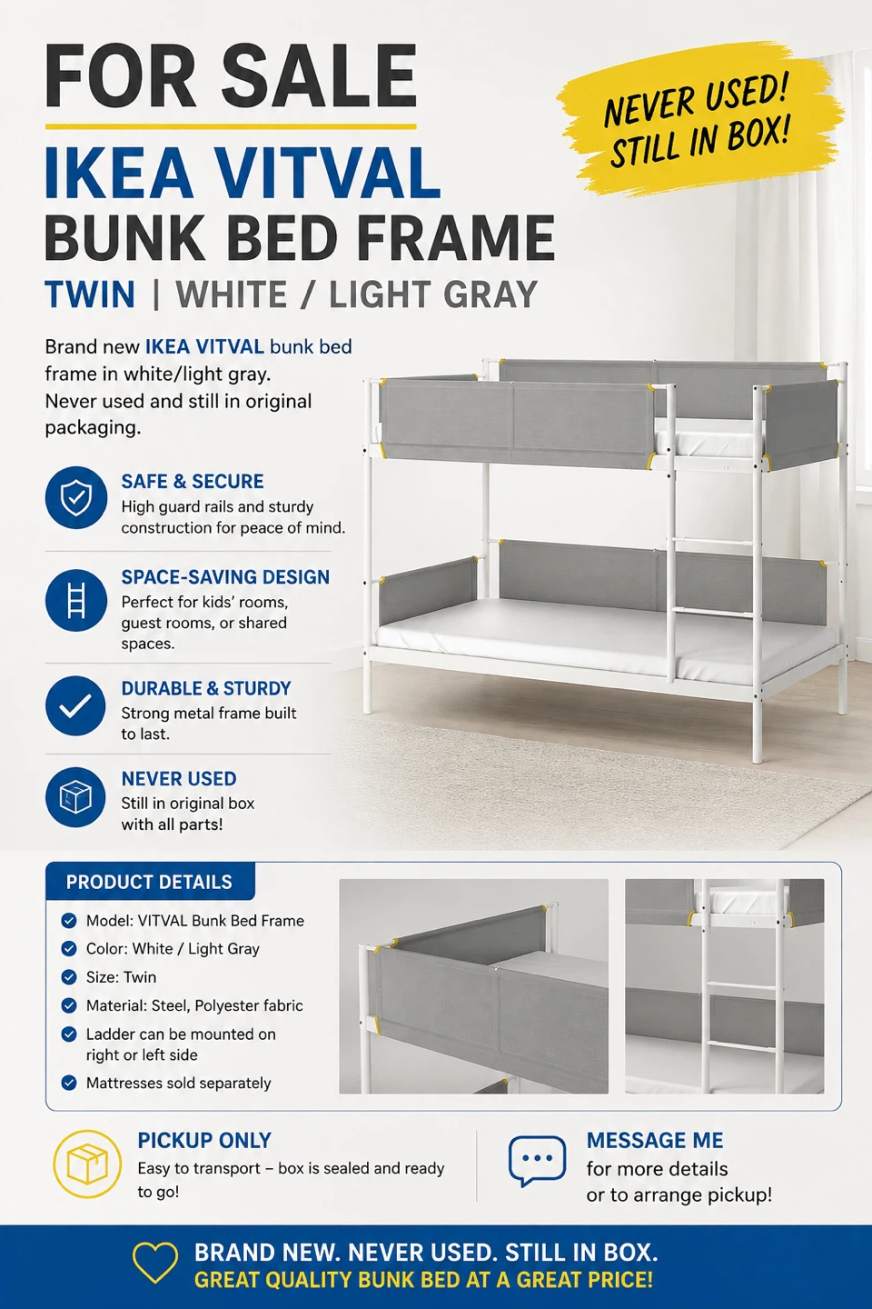 IKEA VITVAL Bunk Bed Frame - Twin, White/Light Gray