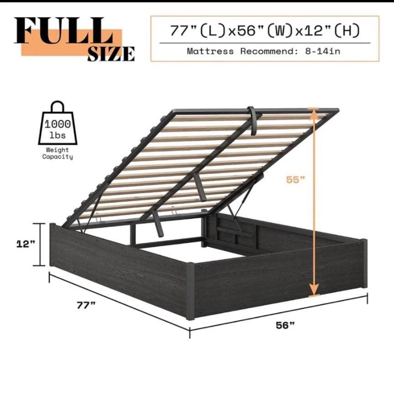 WADE LOGAN SHILA LIFT UP STORAGE FULL BEDFRAME BLACK - photo 2