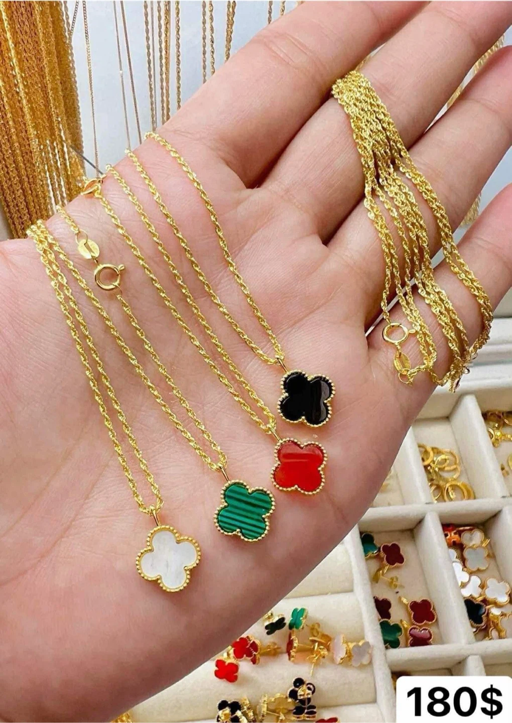 18k Saudi gold Gold Chain Necklaces with Clover Pendants