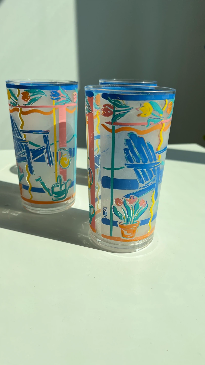 Vintage Set of 3 Frosted Tumblers with Garden Scene