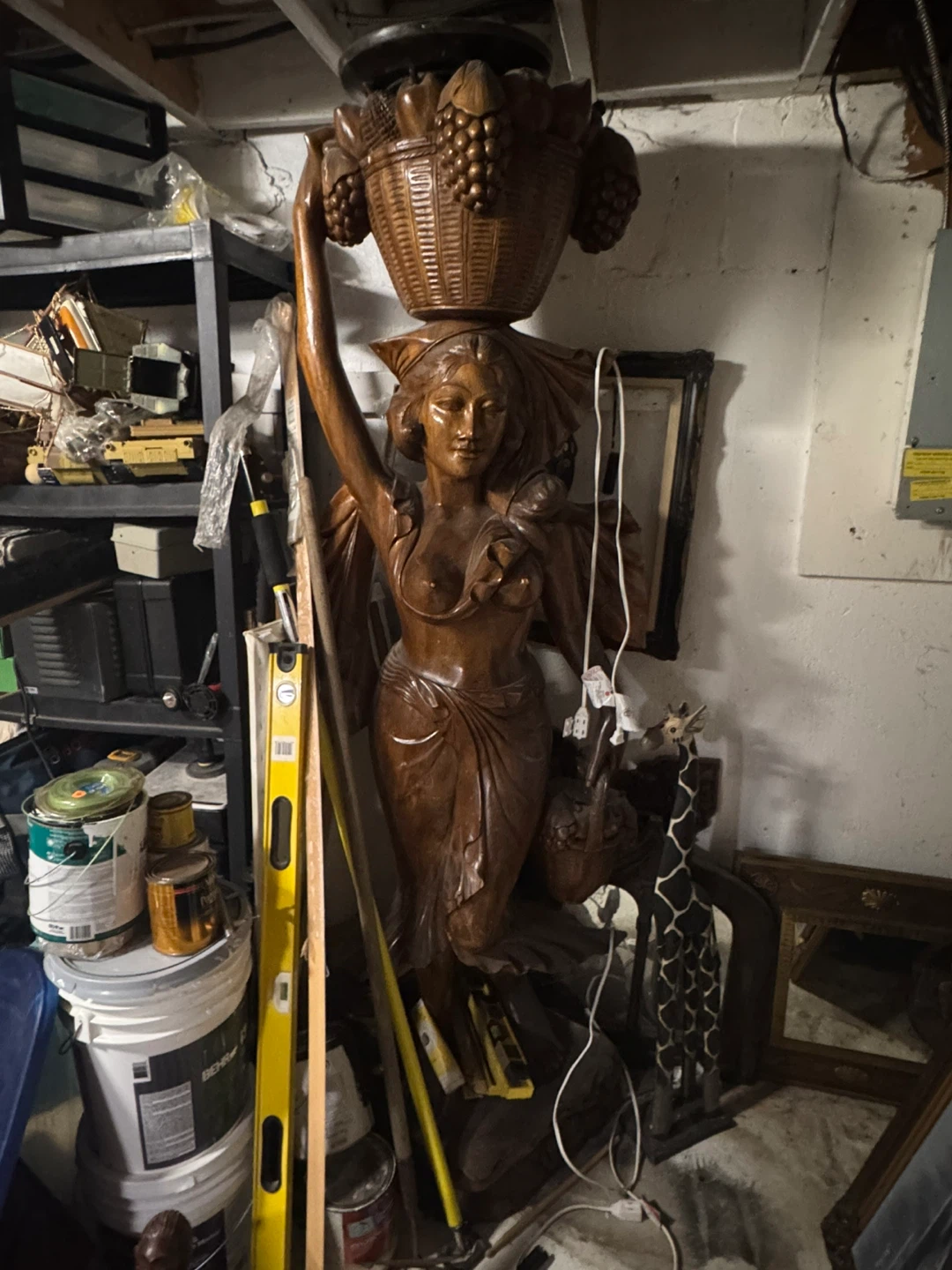 Vintage Wooden Figural Table Lamp with Fruit Basket