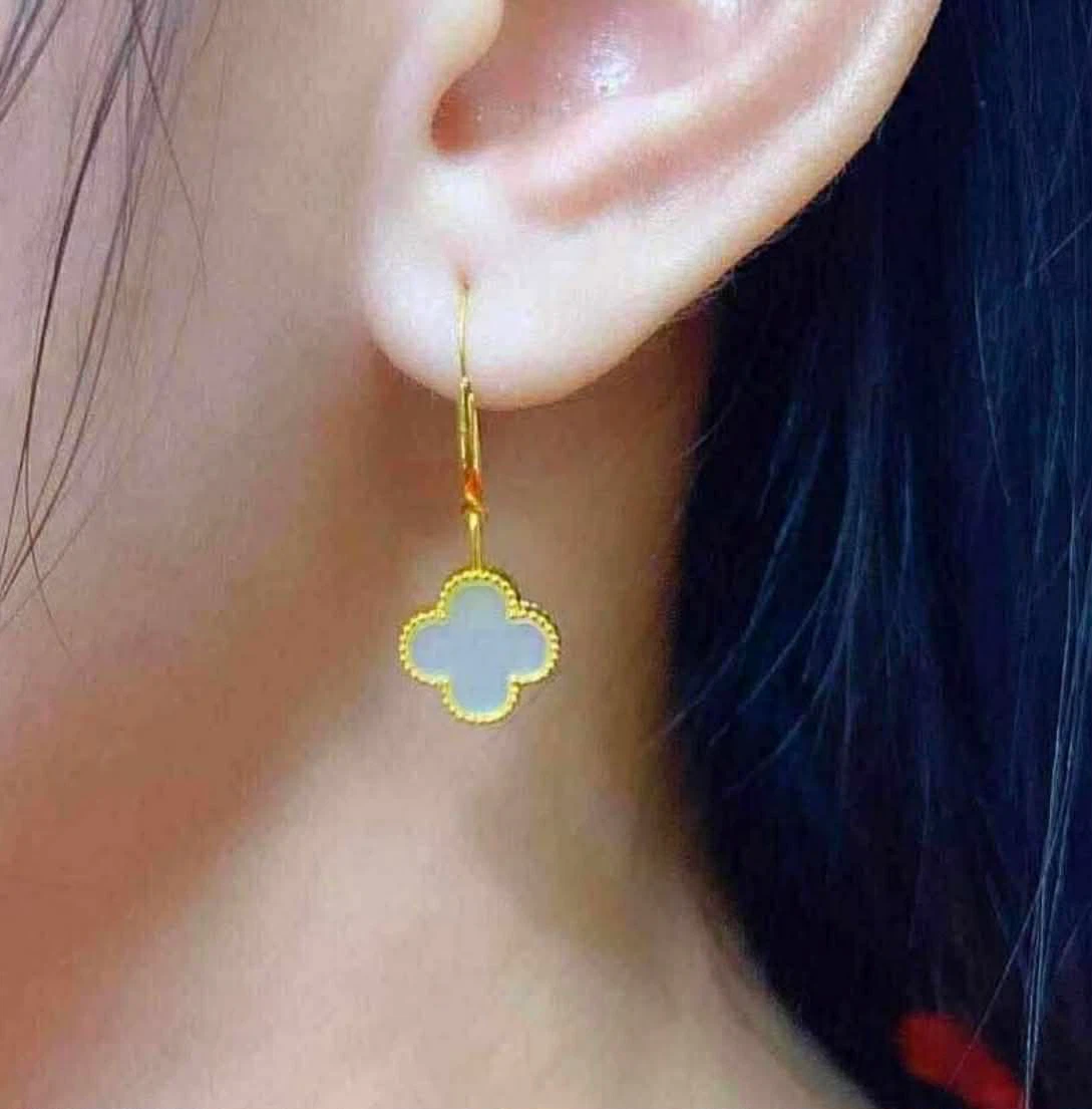 18k saudi gold Clover Charm Dangle Earrings