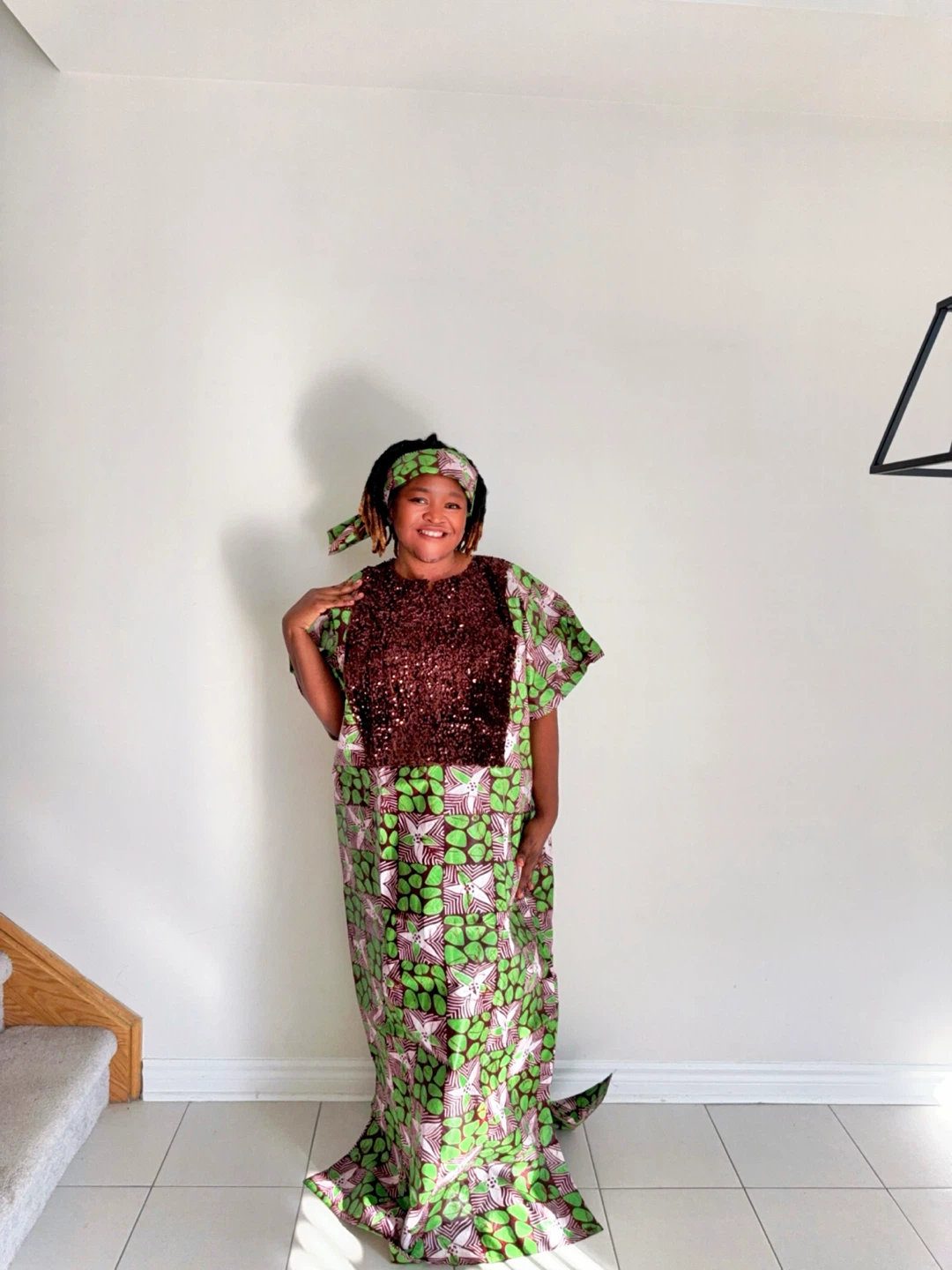 African Print Dress with Sequin Top and Headwrap