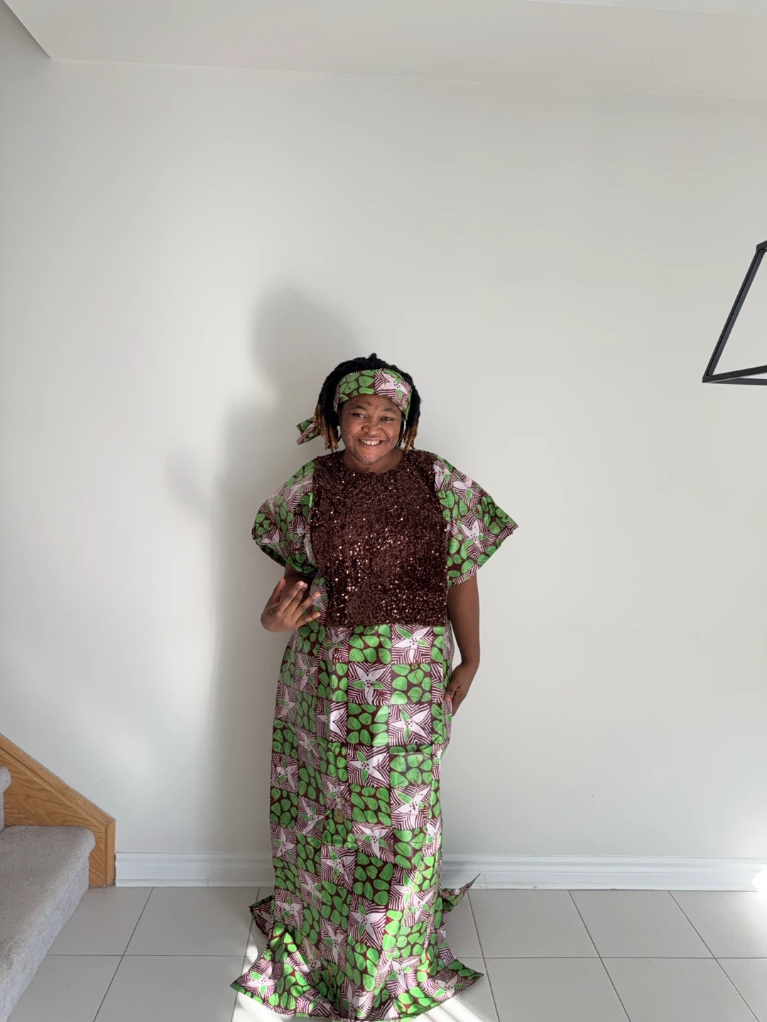 African Print Dress with Sequin Top and Headwrap - photo 2