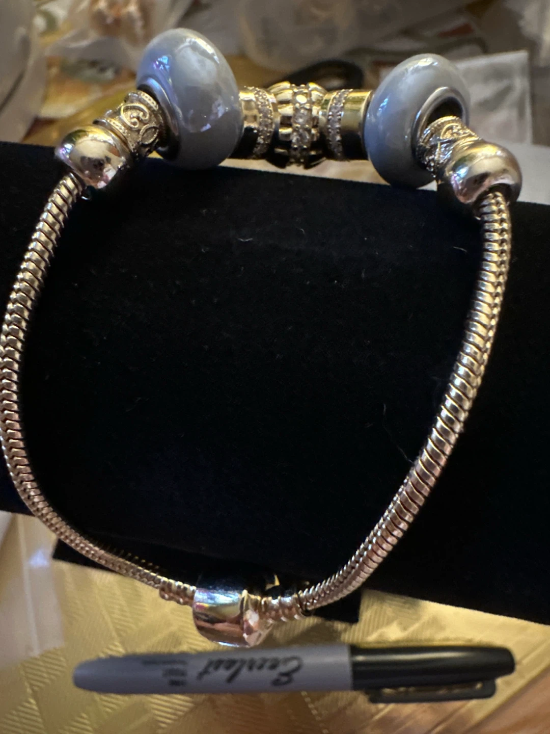 14k gold laminated Charm Bracelet with Blue Glass Beads