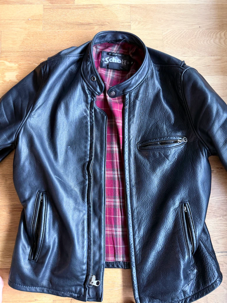 Schott NYC Black Leather Motorcycle Jacket with Plaid Lining
