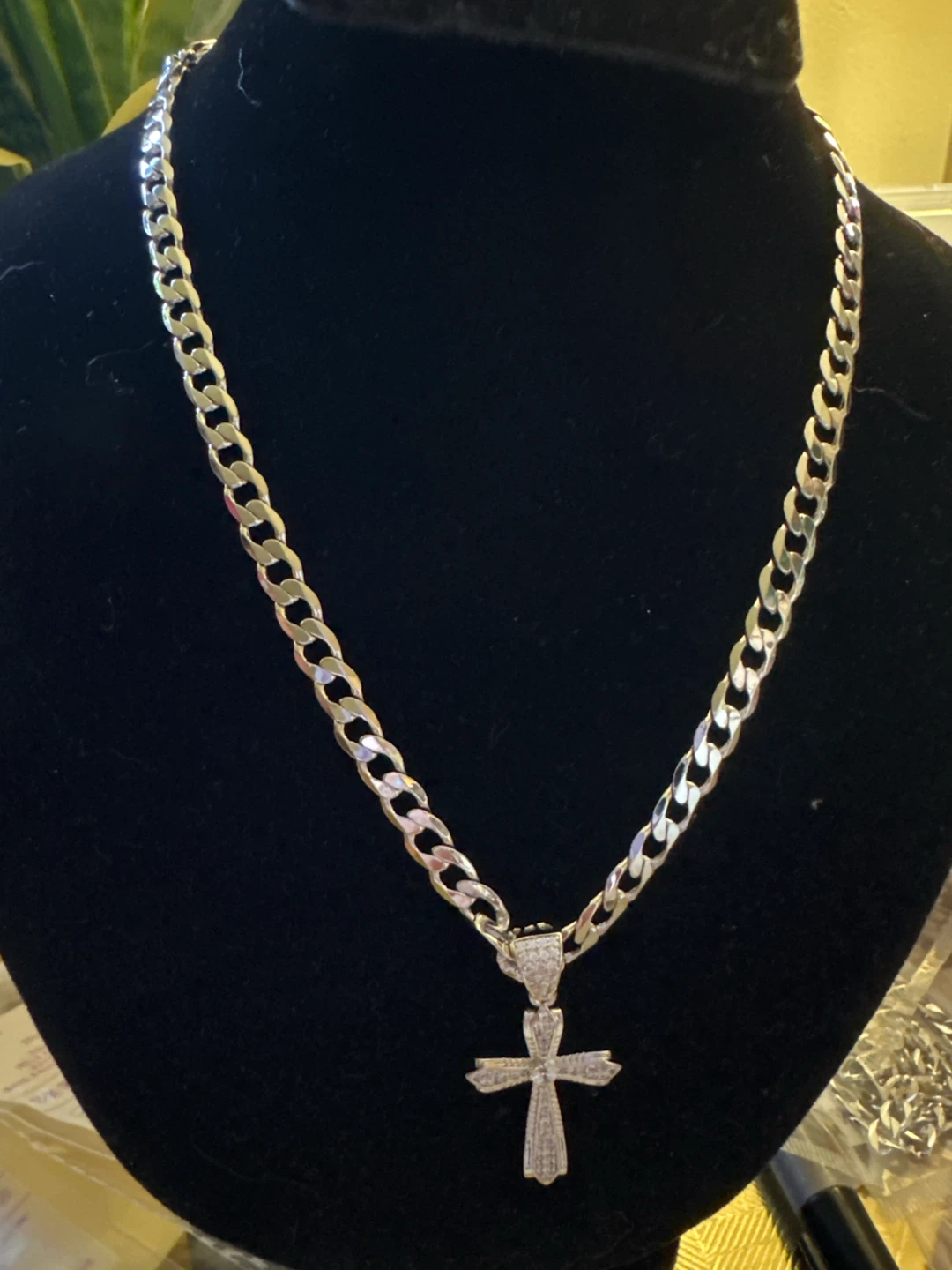 Silver Cuban Link Chain with Cross Pendant