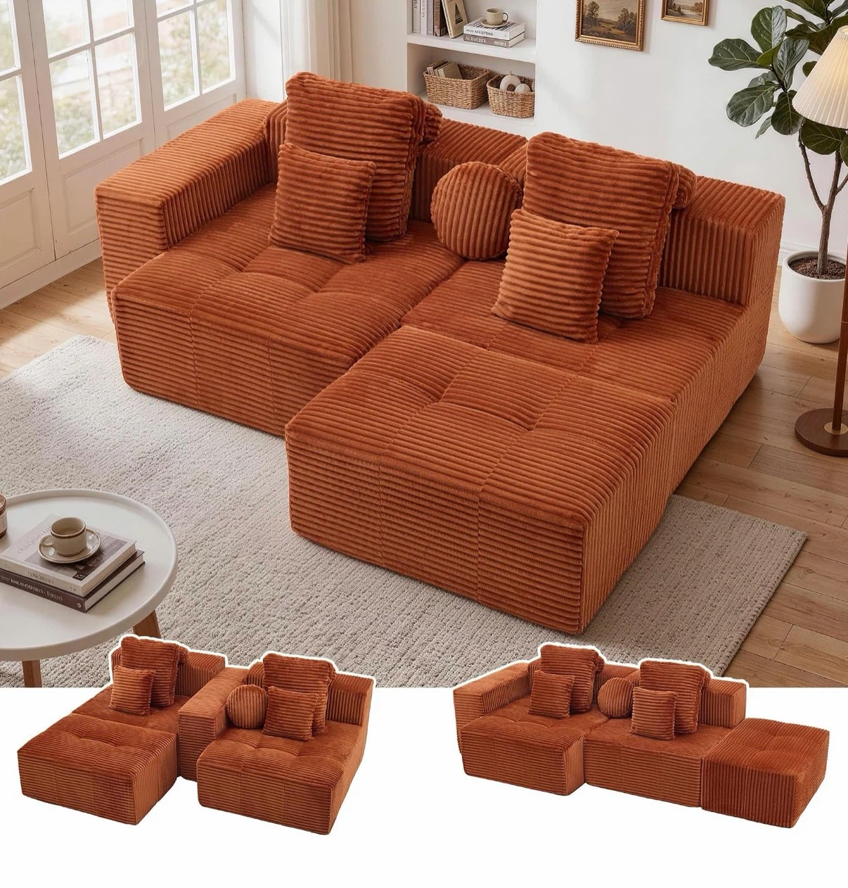 NEW Orange Boneless Corduroy Couch