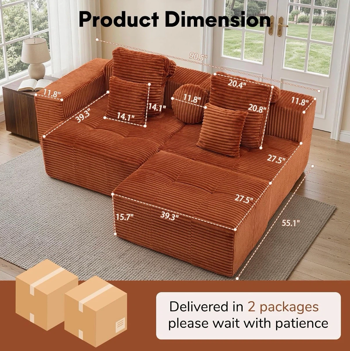 NEW Orange Boneless Corduroy Couch - photo 2