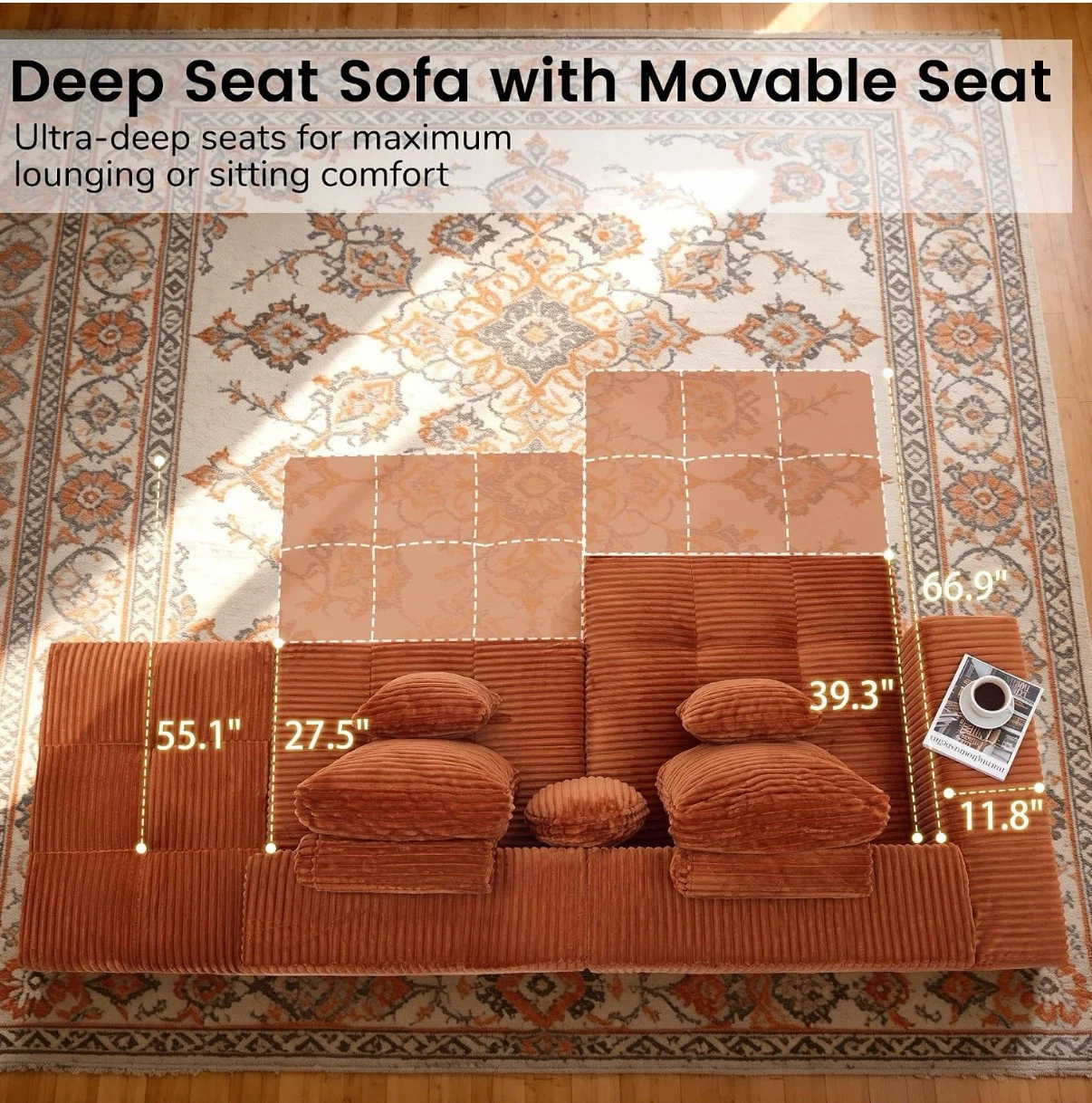 NEW Orange Boneless Corduroy Couch - photo 3
