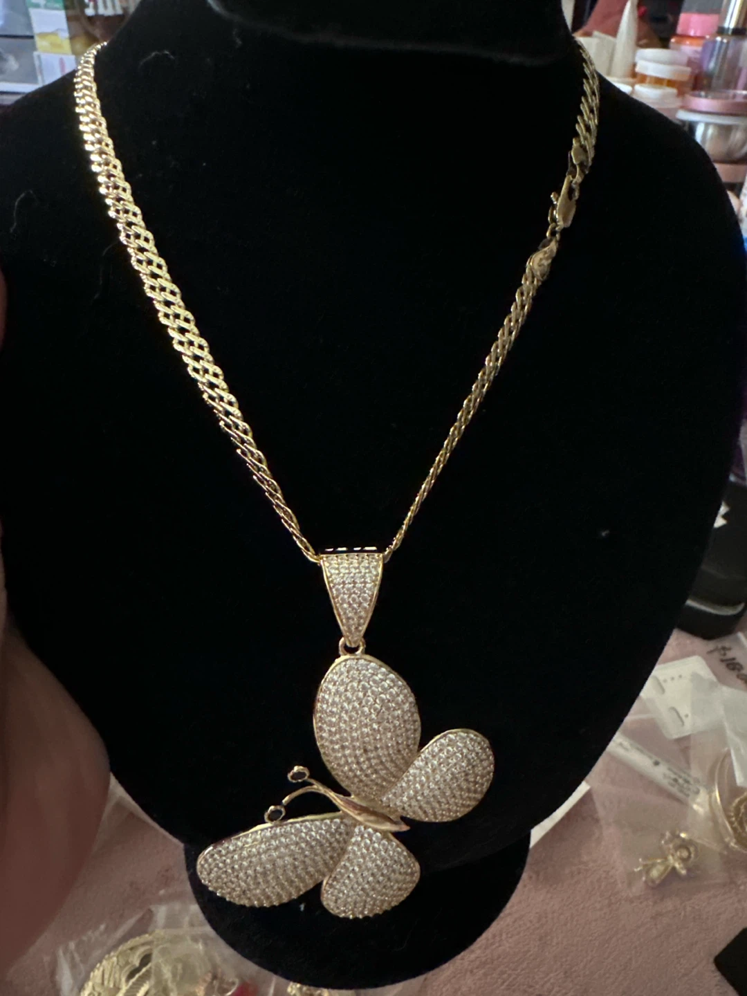 14kGold laminated Butterfly Pendant Necklace with Clear Stones