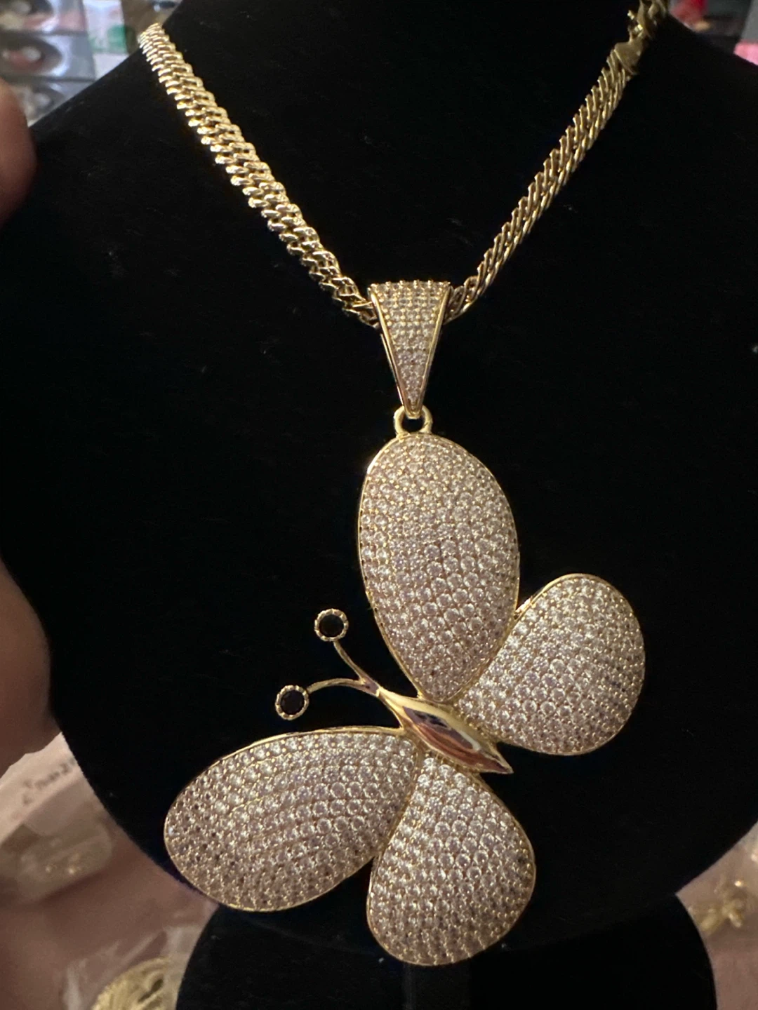 14kGold laminated Butterfly Pendant Necklace with Clear Stones - photo 2