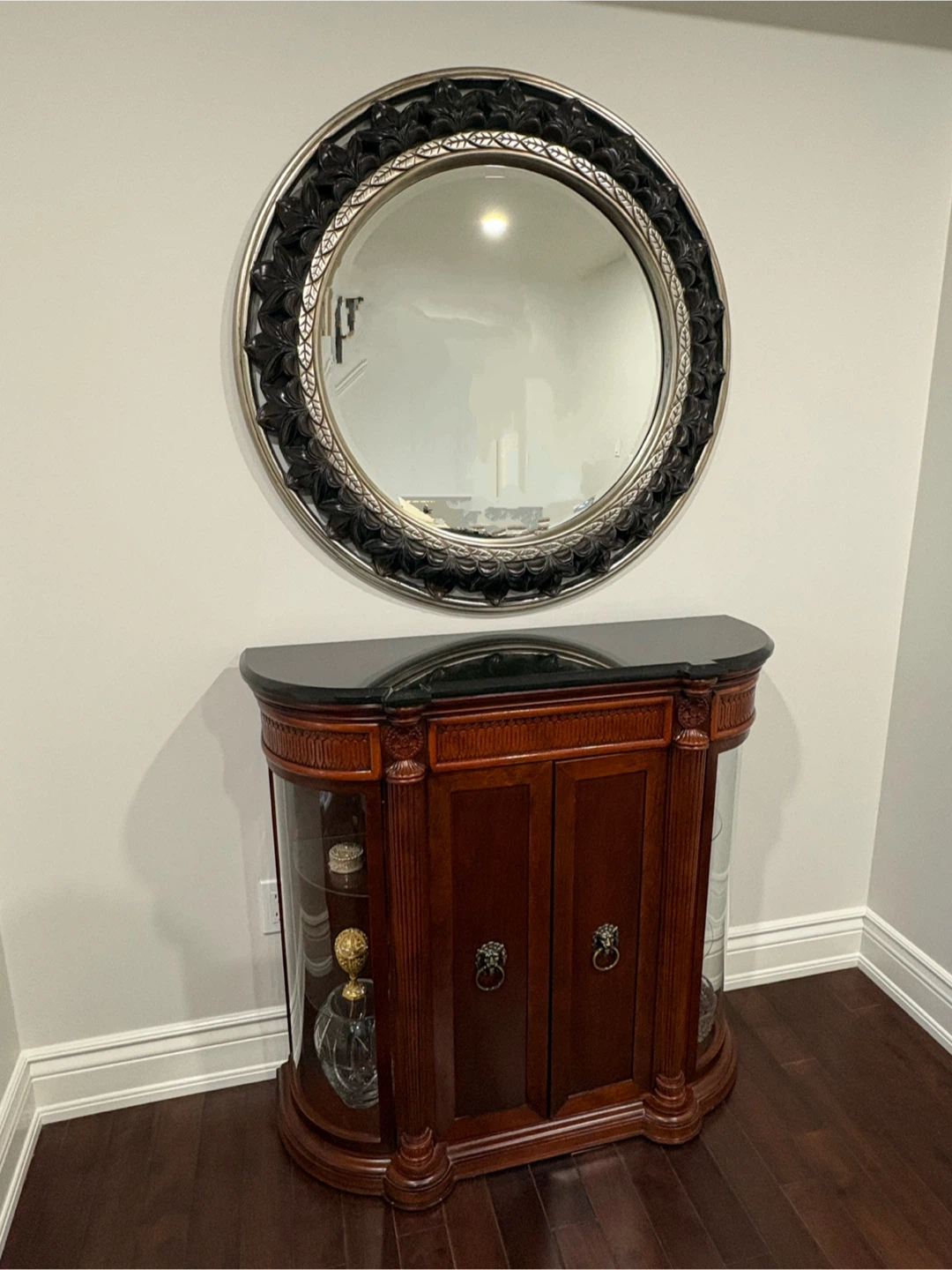 Elegant Curio Cabinet with Glass Doors and Round mirror